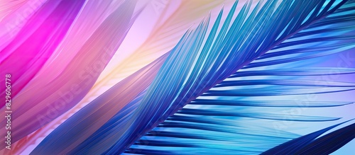 Vibrant gradient holographic colors adorn tropical palm leaves in a minimalist surrealistic concept art with a distinctive copy space image