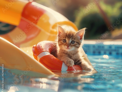 Kitten with lifebuoy joyful sitting on a colorful water slide on a sunny day