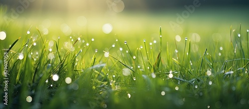 In the morning green grass with dew reflects sunlight creating a picturesque scene with a copy space image