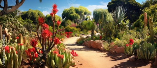 Tropical park with a large cactus red flowered bush and copy space image