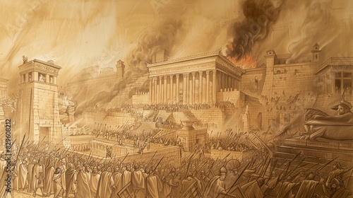 Biblical Illustration: The Fall of Jerusalem, Babylonians Conquer, Temple Burning, Exile Begins, Beige Background, Copyspace