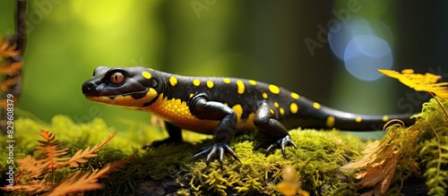 Close up of a rare fire salamander lizard in a lush summer forest setting with a background suitable for copy space image
