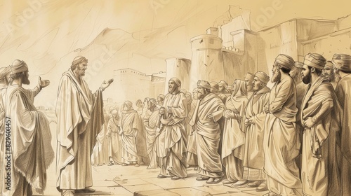 Biblical Illustration: Jonah in Nineveh, Preaching Repentance, People and King in Sackcloth and Ashes, Beige Background, Copyspace