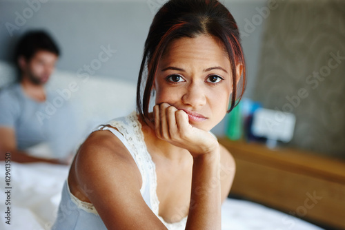 Portrait of woman, bored and couple in bedroom for argument, fight or erectile dysfunction problems, Conflict, divorce and female person with boyfriend for frustrated, disappointed or upset in home