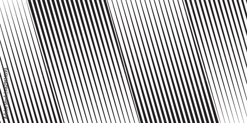 Black tapering diagonal lines on white background. Tilted parallel stripes print. Oblique straight strips with gradient or halftone effect. Slanted streaks wallpaper. Vector graphic illustration