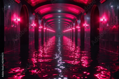 Depicting a dark hallway is filled with red tunnels and lights