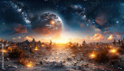 A futuristic landscape with a glowing planet in the sky. The scene is filled with fire and debris, suggesting a post-apocalyptic world.