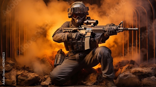 An army soldier sitting full active uniform holding modern riffle helmet in action battlefield war operation conflict or shooting game concept fire smoke background 