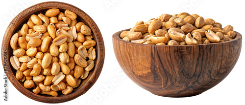 Salted peanuts in a wooden bowl, side and top view, isolated on a transparent background