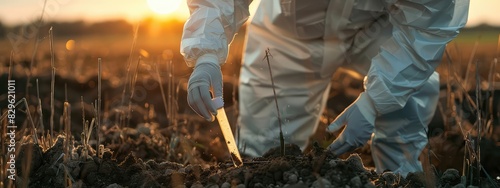 A man in a protective suit takes soil samples. Selective focus.