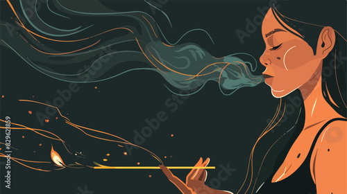 Woman holding smoldering incense stick on black background