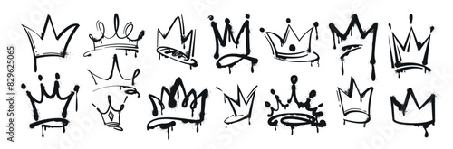 Vector spray paint crowns set. Black ink graffiti king, queen or prince crown isolated on white background. Hand drawn princess tiara and diadem. Royal head accessories in grunge street art style.