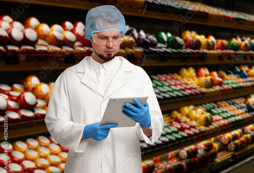 Food quality control specialist examining products in supermarket