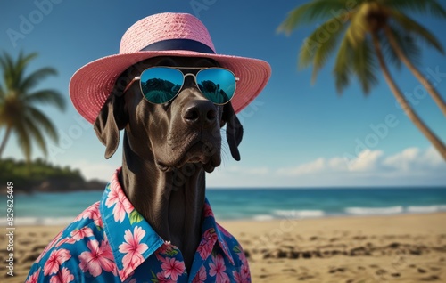 a Great Dane dog wearing sunglasses and Hawaiian shirt and sunhat on a beach background.