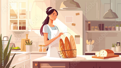 Woman with string bag of baguettes in kitchen Cartoon