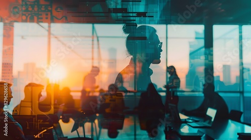 A tech startup CEO in a dynamic office, discussing strategy with the team, double exposure silhouette