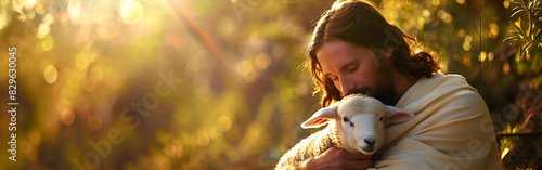 Jesus Christ recovered the lost sheep carrying it in his arms Biblical story conceptual theme Guidance with blurred background 
