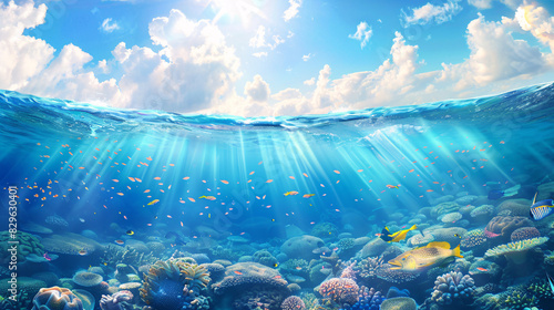 fish coral reefs split underwater and sky sunny summer background 