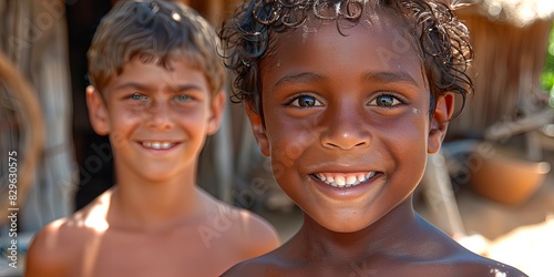 Two young boys are smiling at the camera
