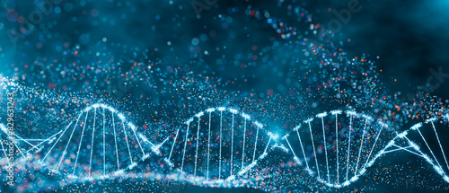 DNA double helix with sparkling nodes in a dynamic blue environment. Genomic sequencing, molecular biology, and genetic data analysis.