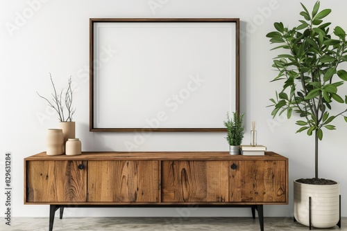 Scandinavian-style living room with neutral tones, minimalist decor, and a clear wall mockup for Scandinavian art. 3D rendering.. Beautiful simple AI generated image in 4K, unique.