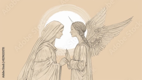 Biblical Illustration: The Annunciation Scene, Gabriel and Mary, Divine Announcement, Beige Background, Copyspace