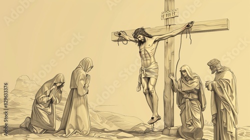 Biblical Illustration: Jesus Crucified at Golgotha, Followers Mourning, Mary and John, Beige Background, Copyspace