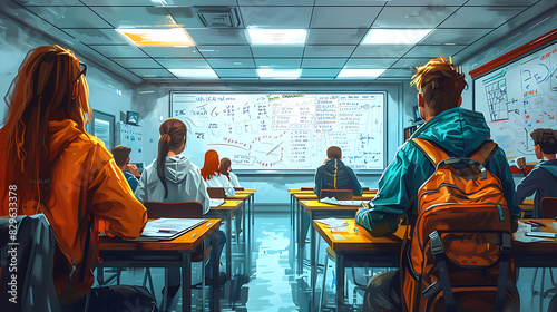 illustration of a math class in session with students solving equations on whiteboards working in pairs to tackle challenging problems and receiving guidance from their teacher