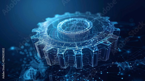 A vector wireframe of gears on a dark blue background. Symbolizes mechanical technology, machine engineering, project development, engine mechanics, and business planning illustration.