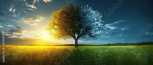 A lone tree with half green and half white leaves stands in a field at sunset.