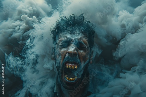 Digital image of man screaming in front of smoke, high quality, high resolution