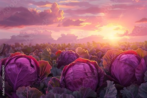 Harvest of Purple cabbage in the garden in the warm rays of the sun. The concept of growing vegetables without GMOs, small business development, vegetable growing. 