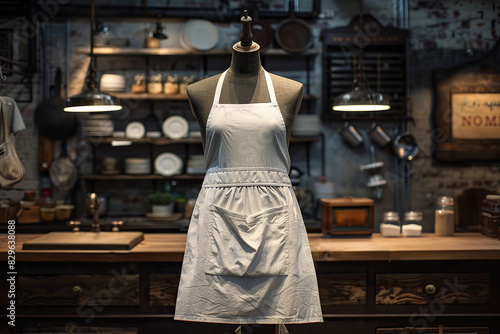 A white apron is displayed on a mannequin in a kitchen setting. Mockup template for design print