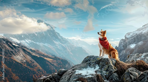 Majestic Canine Ascension: Dog in Red Sweater Conquers Mountain Peak