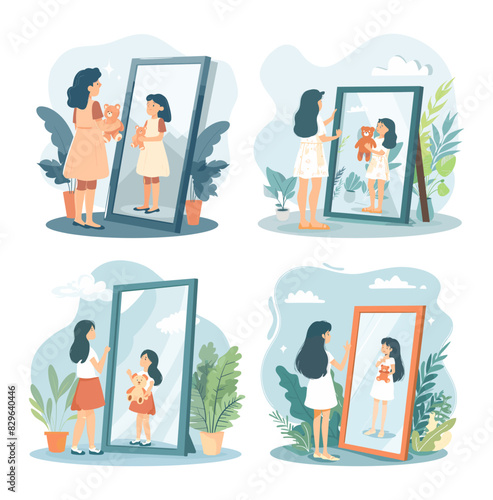 Inner child cartoon vector scene. Woman mirror looking reflection dress girl bear holding toy naivety infantilism mental state character, concepts isolated on white background