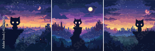 Monster cat character pixel art vector scene. Night predator hunter tail fur glowing eyes moon hill ledge landscape city starry sky gaming arcade 16 bit assets color concepts