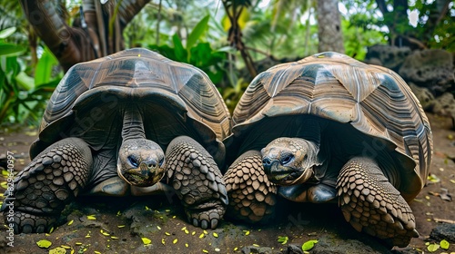 Couple of Aldabra giant tortoises endemic species - one of the largest tortoises in the world in zoo Nature park on Mauritius island. Huge reptiles portrait. Exotic animals, love and traveling concept