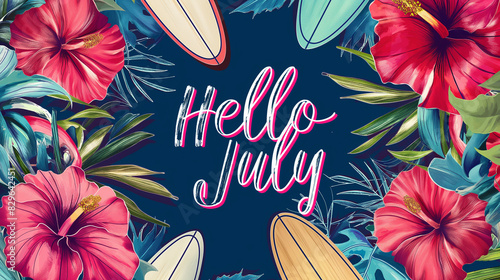 Background with a mix of summer elements like surfboards, hibiscus flowers, and watermelons on the sides, in the center the text "Hello July" in artistic script