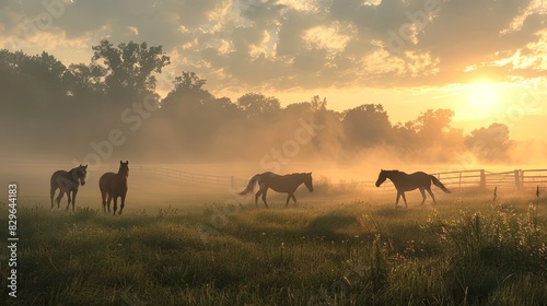 Thoroughbred horses grazing at sunset in a field