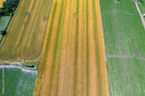 Rural landscape, cultivated fields with colors and transversal lines seen from above