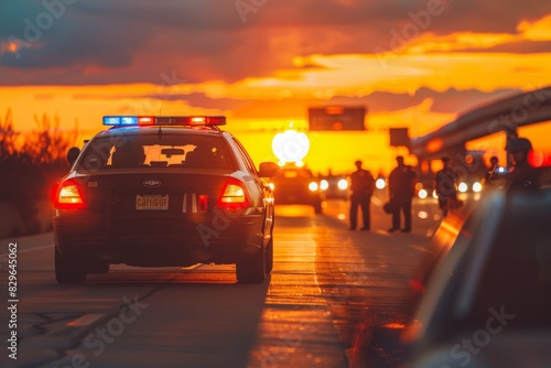 Two police cars with flashing lights driving down a city street during the golden hour