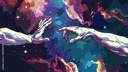 Adam and God hands on space background Cartoon Vector