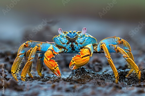 Depicting a crab is walking on the mud with an orange tummy