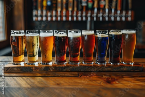 A row of a dozen beer glasses on wood, high quality, high resolution