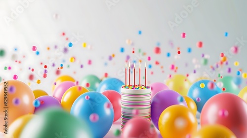 Colorful balloons and confetti with a cake on white background.