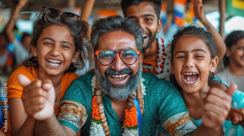 An older man with colorful clothing and glasses is surrounded by joyful children, all smiling and giving thumbs up