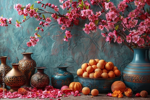 Traditional still life with peach blossoms in a vase and balls of thread