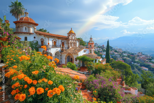 A stunning image of an opulent hacienda with a vibrant floral garden, complete with orange blooms and a background rainbow