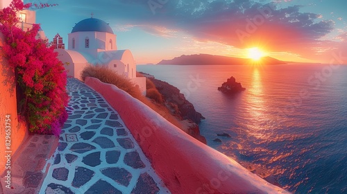 A breathtaking sunset over Santorini, featuring the island's iconic white architecture and an ocean view