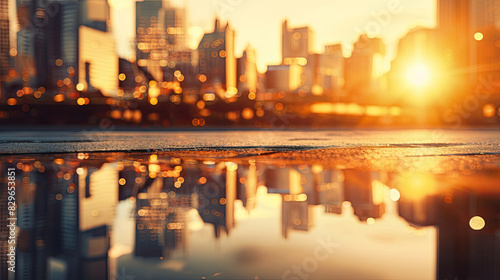 A vibrant city skyline reflects in a shimmering body of water at sunset. The cityscape glows with golden light as the sun dips below the horizon.